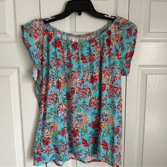 Stella Parker NWT Womens Floral Top Sz S Sea Turquoise Vibrant Whimsical Preppy - Picture 1 of 8